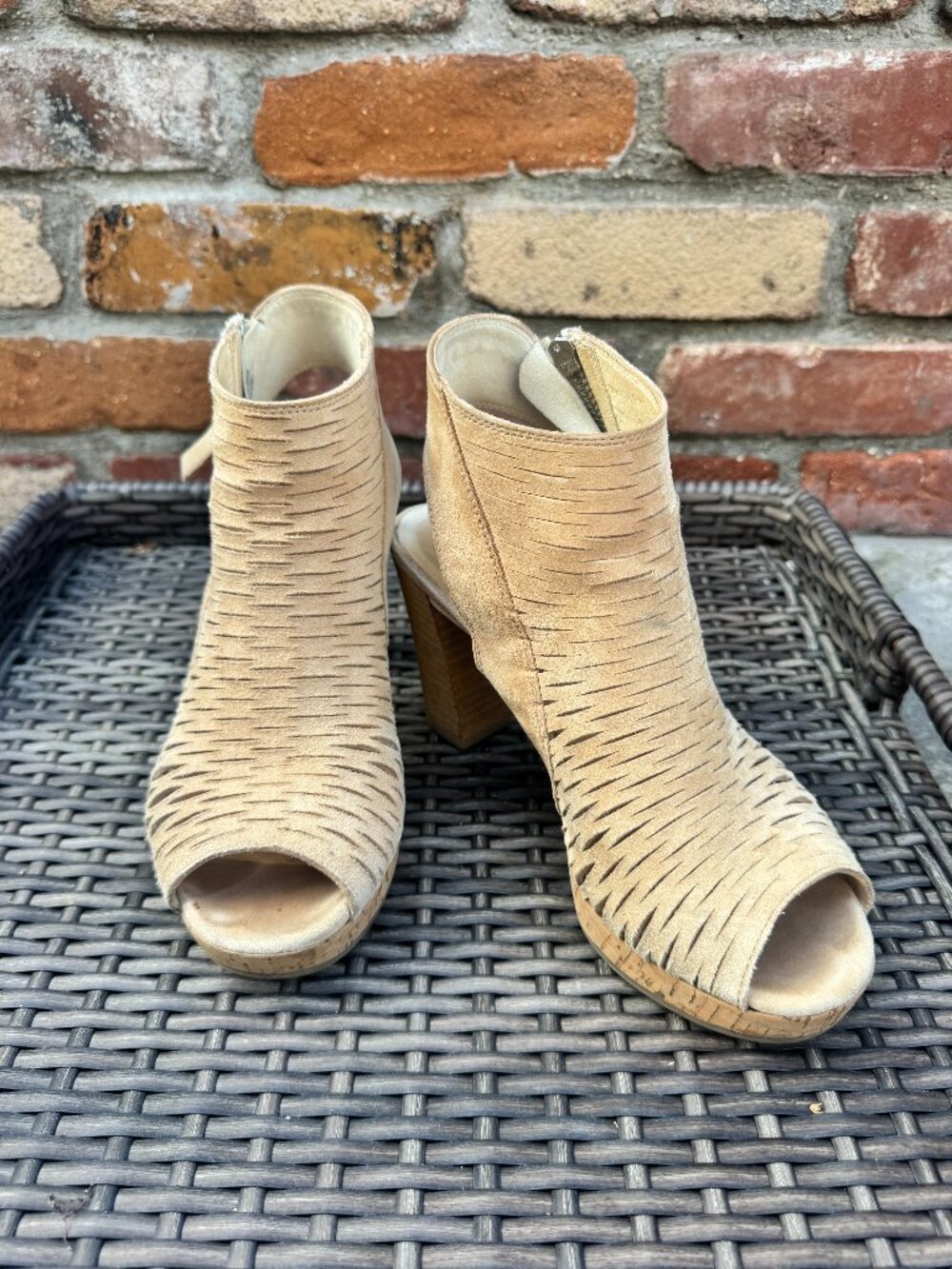Paul Green Costa Nude Suede Laser Cut Peep Toe Booties 4.5 (US size 7)